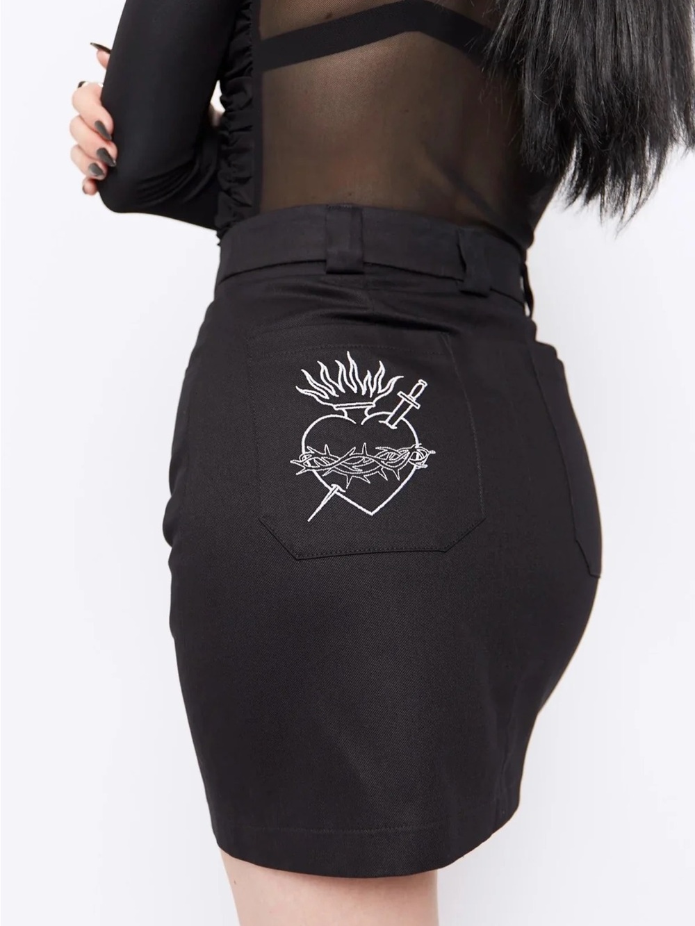 Black Mini Skirt with Embroidered Sacred Heart Pocket
